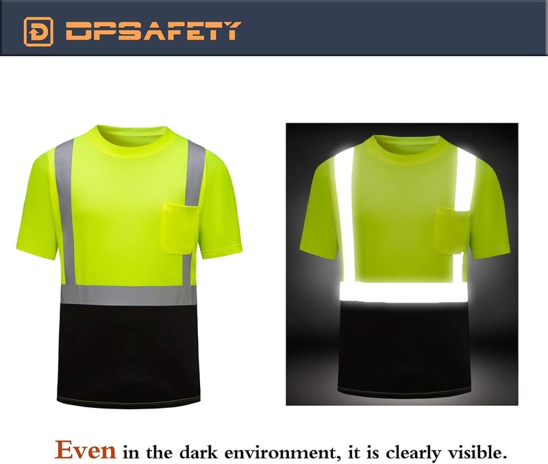 DPSAFETY High Visibility Shirts Quick Dry Safety T Shirts with Reflective Strips and Pocket Short Sleeve Mesh Hi Vis Construction Work Class 2 Shirt for Men/Women Black Bottom Lime,5XL - Image 5